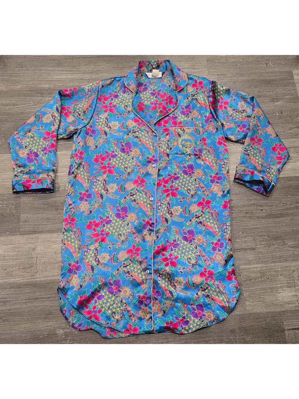 Vintage Adolfo Classics Colorful Floral Pattern Button Up Long Sleeve Robe PJ's